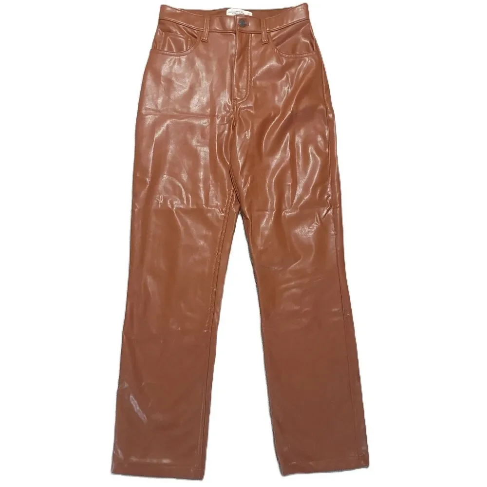 Abercrombie Fitch 90s Ultra High Rise Straight Faux Leather Pants Women 27 Brown